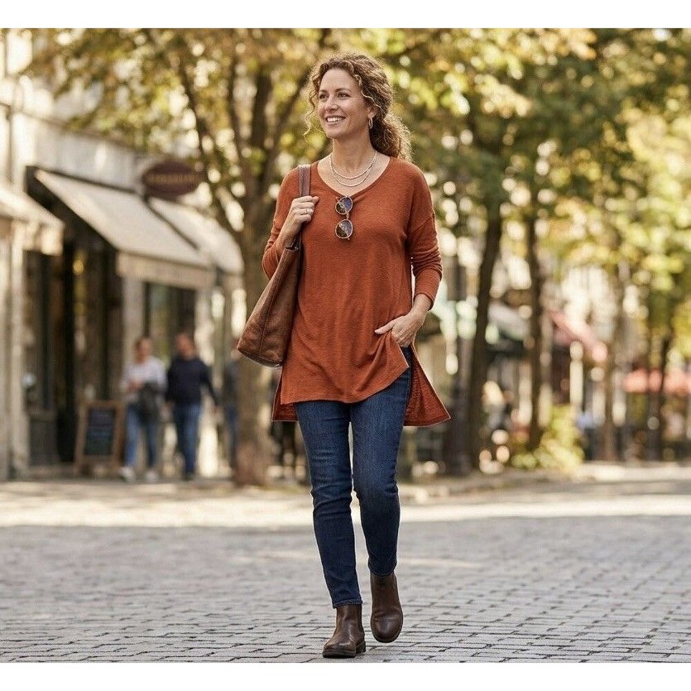 Eileen Fisher Rust Orange Scoop Neck 3/4 Sleeve Side Slit Tunic Top Size Large